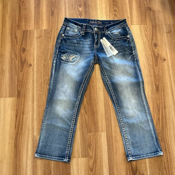 Grace In La Woman's Bling Rhinestone Embroider Capri Jeans Sz 28 - Picture 2 of 11